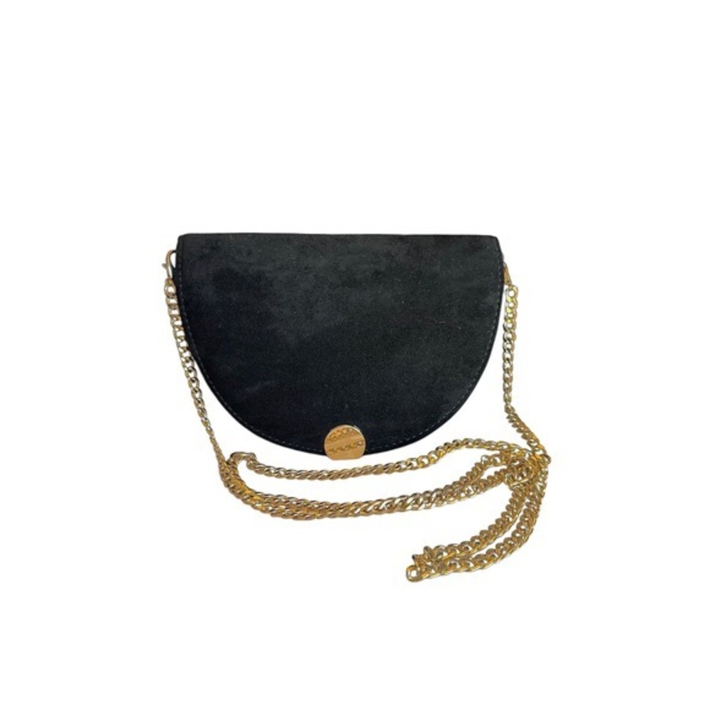 Black Faux Suede Half Moon Crossbody Bag Gold Chain Strap Evening Clutch